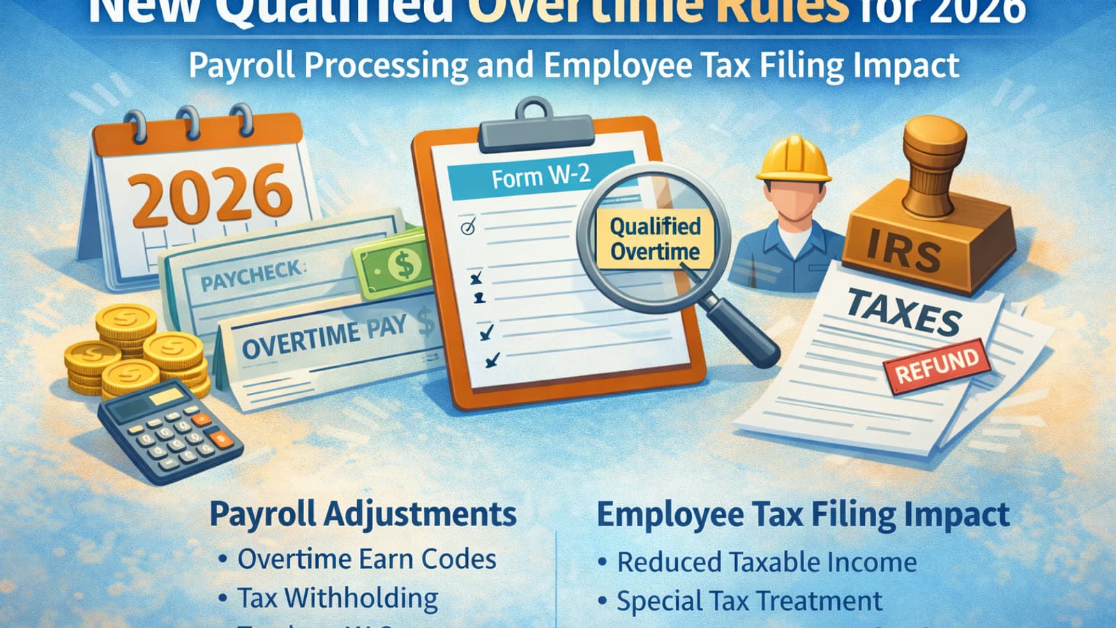 Article cover illustration: New Qualified Overtime Rules for 2026: Payroll Processing and Employee Tax Filing Impact